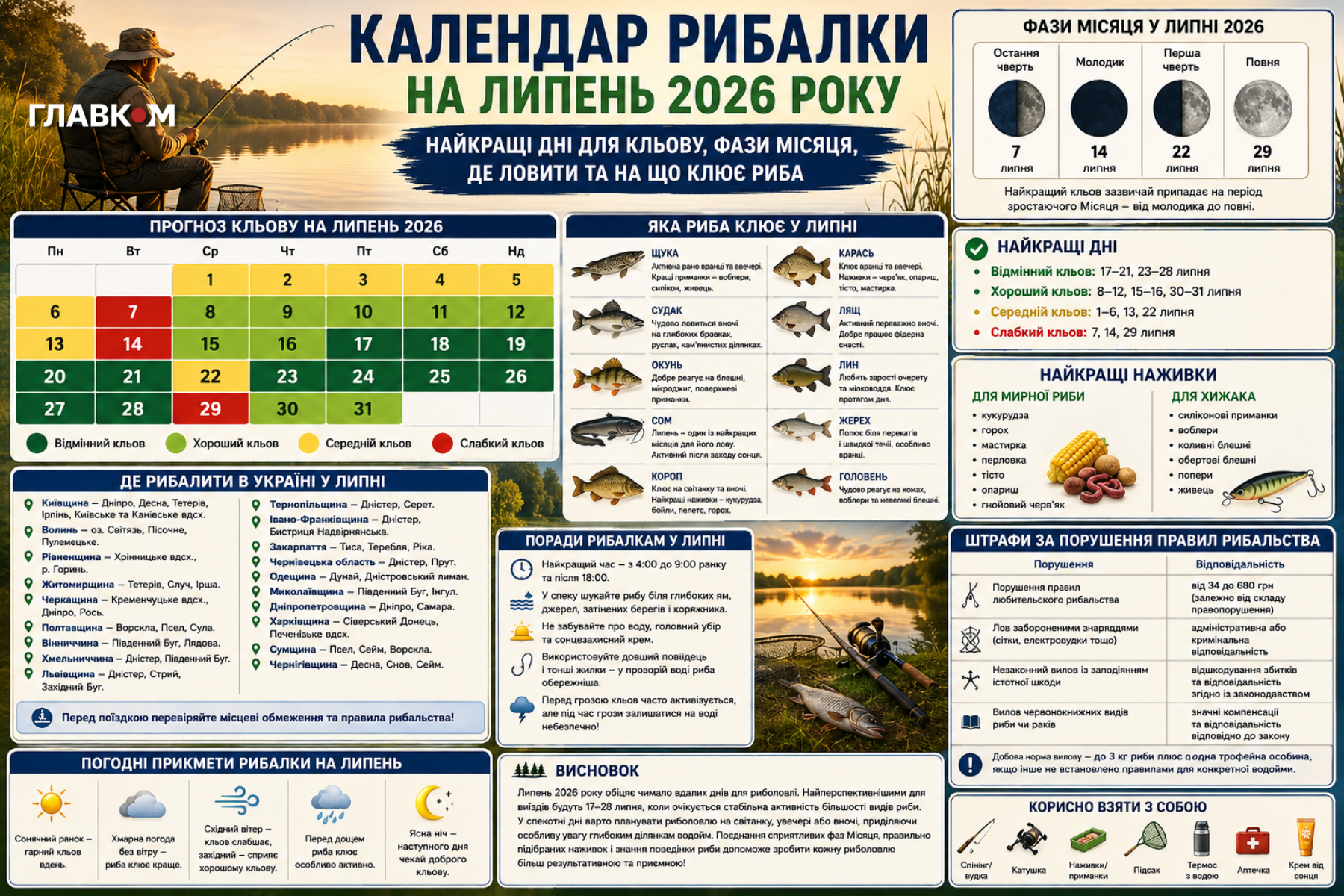 Календар рибалки на липень 2026 року