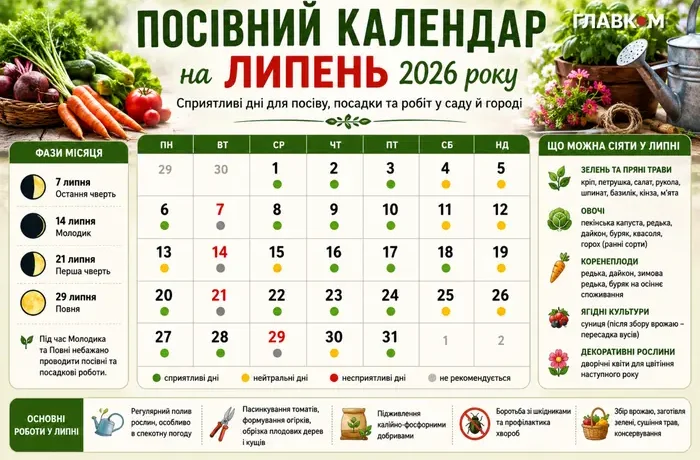 Посівний календар на липень 2026 року: що сіяти, коли доглядати за рослинами та які роботи провести на городі