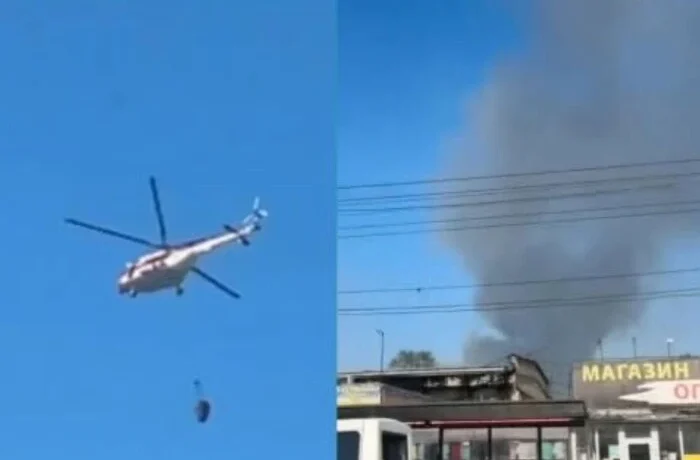 Пожежа на Почайній внаслідок обстрілу: вогонь на господарському ринку гасять вертольоти (відео)