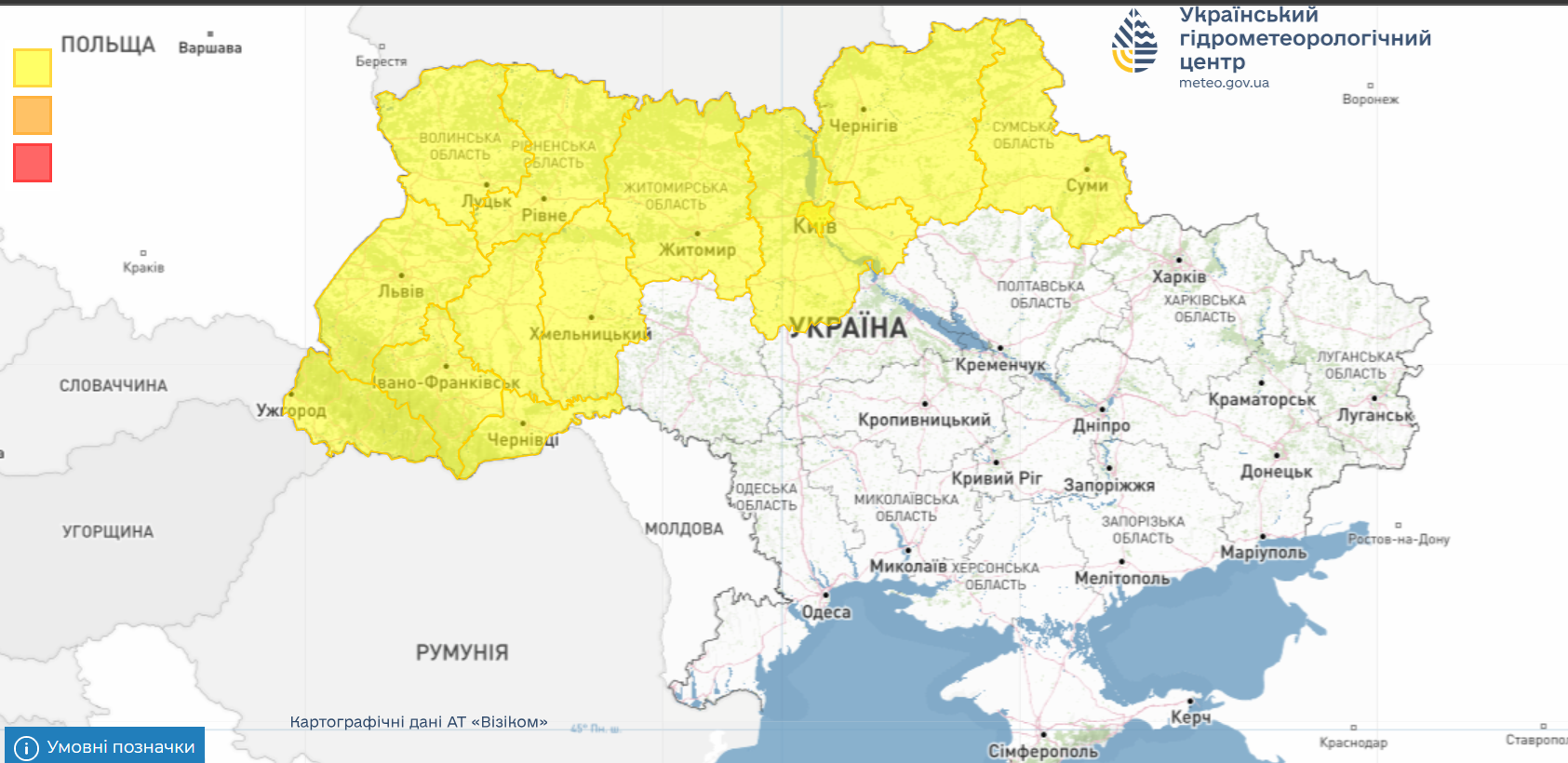 У найближчу годину з утриманням до кінця доби 22 червня у західних та північних областях, 23 червня вдень у південній частині, більшості західних та центральних областей грози, в окремих районах град та шквали 15-20 м/с