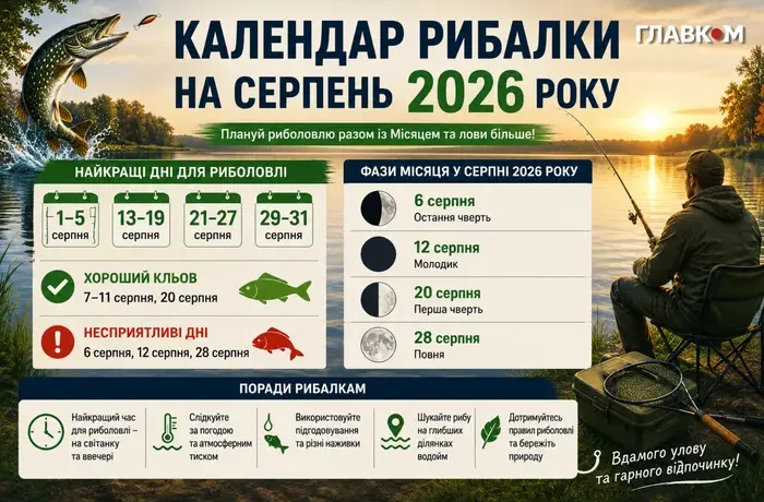 Місячний календар рибалки на серпень 2026 року: найкращі дні кльову