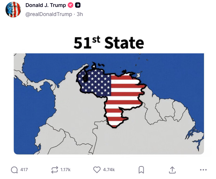 Трамп опублікував фото із зображенням Венесуели в кольорах прапора США