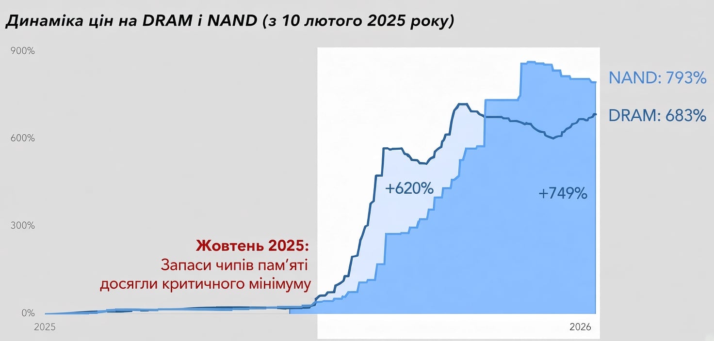 Як змінювалися ціни на пам’ять на біржах з 2025 року. NAND (постійна пам’ять) подорожчала майже в дев’ять разів, DRAM (оперативна) – майже у вісім