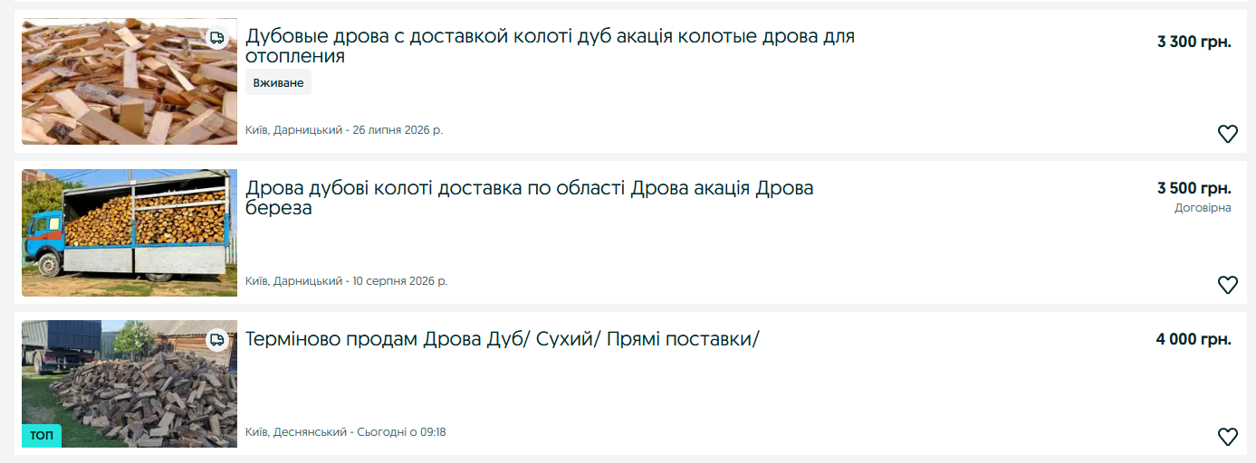Дубові дрова у київських приватних продавців вже коштують на 62% дорожче за газ у перерахунку на однакову кількість тепла