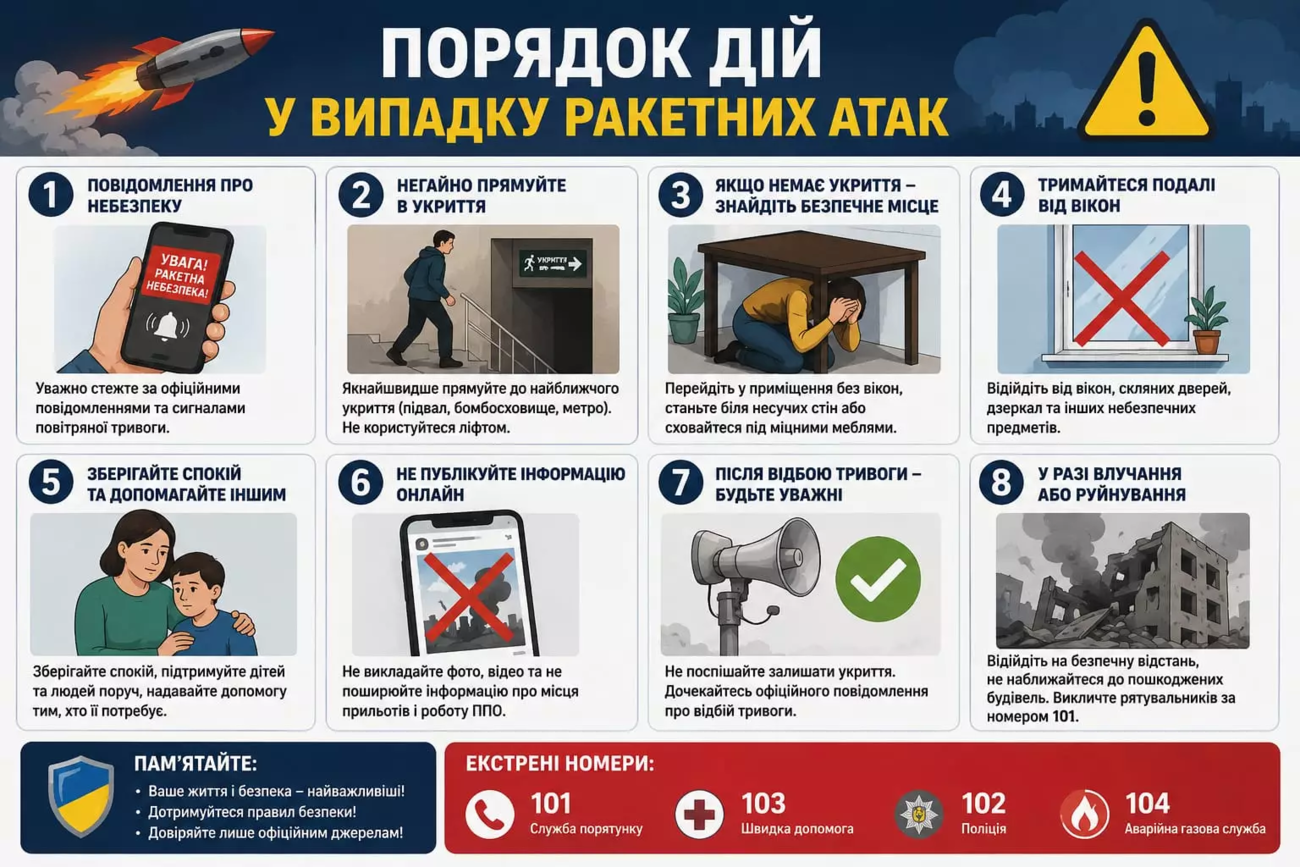Після завершення атаки рятувальники закликають не наближатися до уламків ракет чи безпілотників і не торкатися підозрілих предметів. Про такі знахідки необхідно повідомити за номером 101 або 102