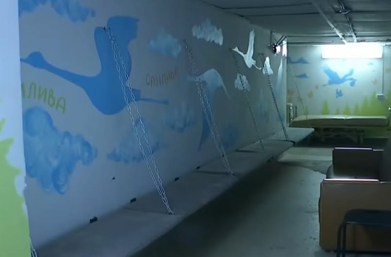 Стіни укриття в пологовому будинку прикрашені зображенням лелек, які летять над лісом