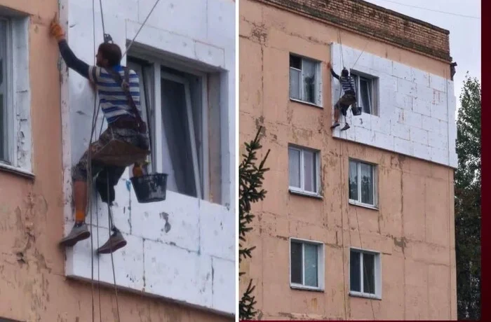 Чоловік з протезом утеплює фасад багатоповерхівки: фото з Василькова вразило мережу