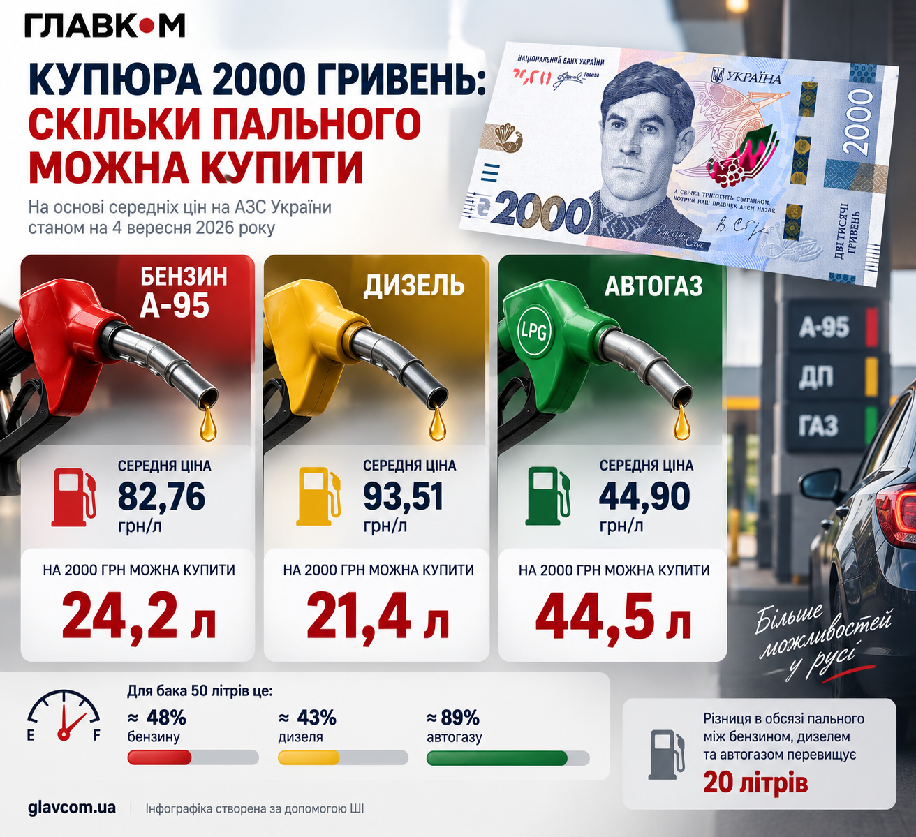 Розрахунок кількості пального, яке можна придбати за купюру номіналом 2000 грн, за середніми цінами на АЗС станом на 4 вересня 2026 року. Ціни можуть відрізнятися залежно від мережі АЗС