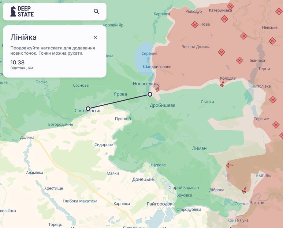 За даними військових осінтерів, станом на 15 вересня Святогірськ знаходиться за 10 км від зони бойових дій