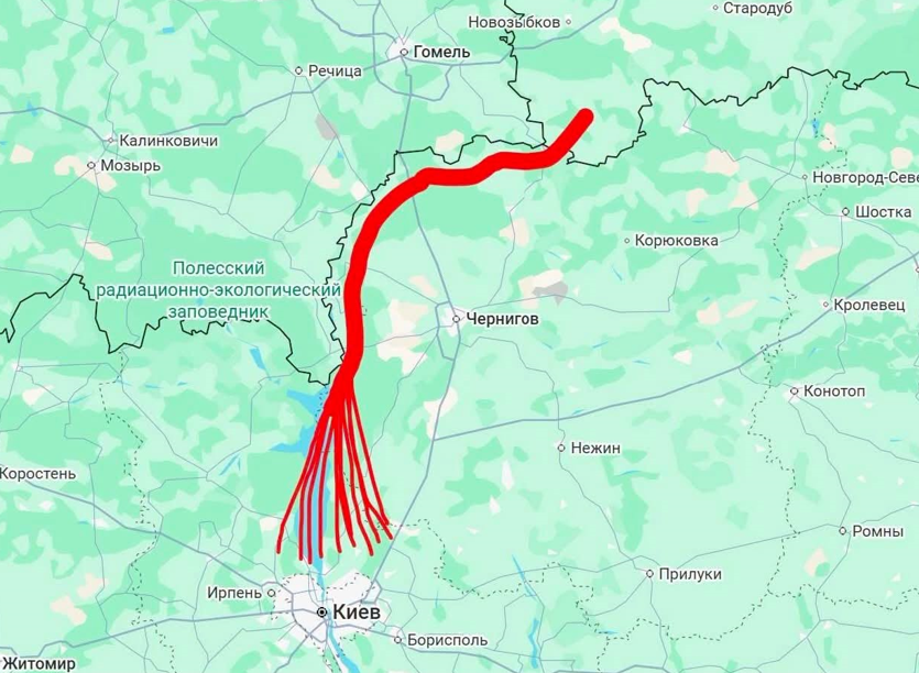 Маршрут вздовж кордону з Білоруссю, яким реактивні шахеди залітають до Києва