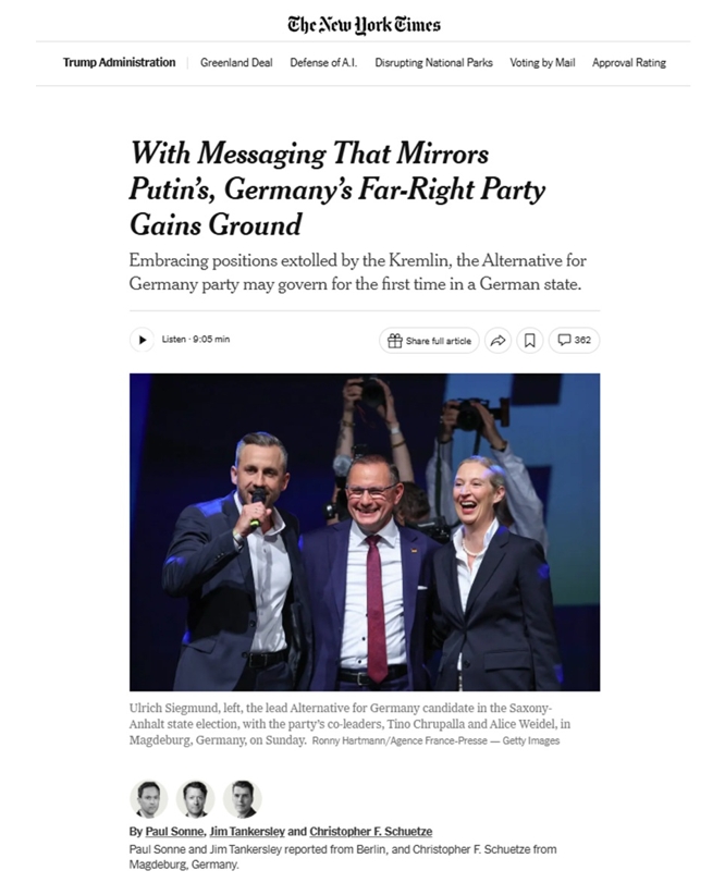 The New York Times: «Завдяки трансляції меседжів Путіна, ультраправа партія Німеччини набирає голоси»