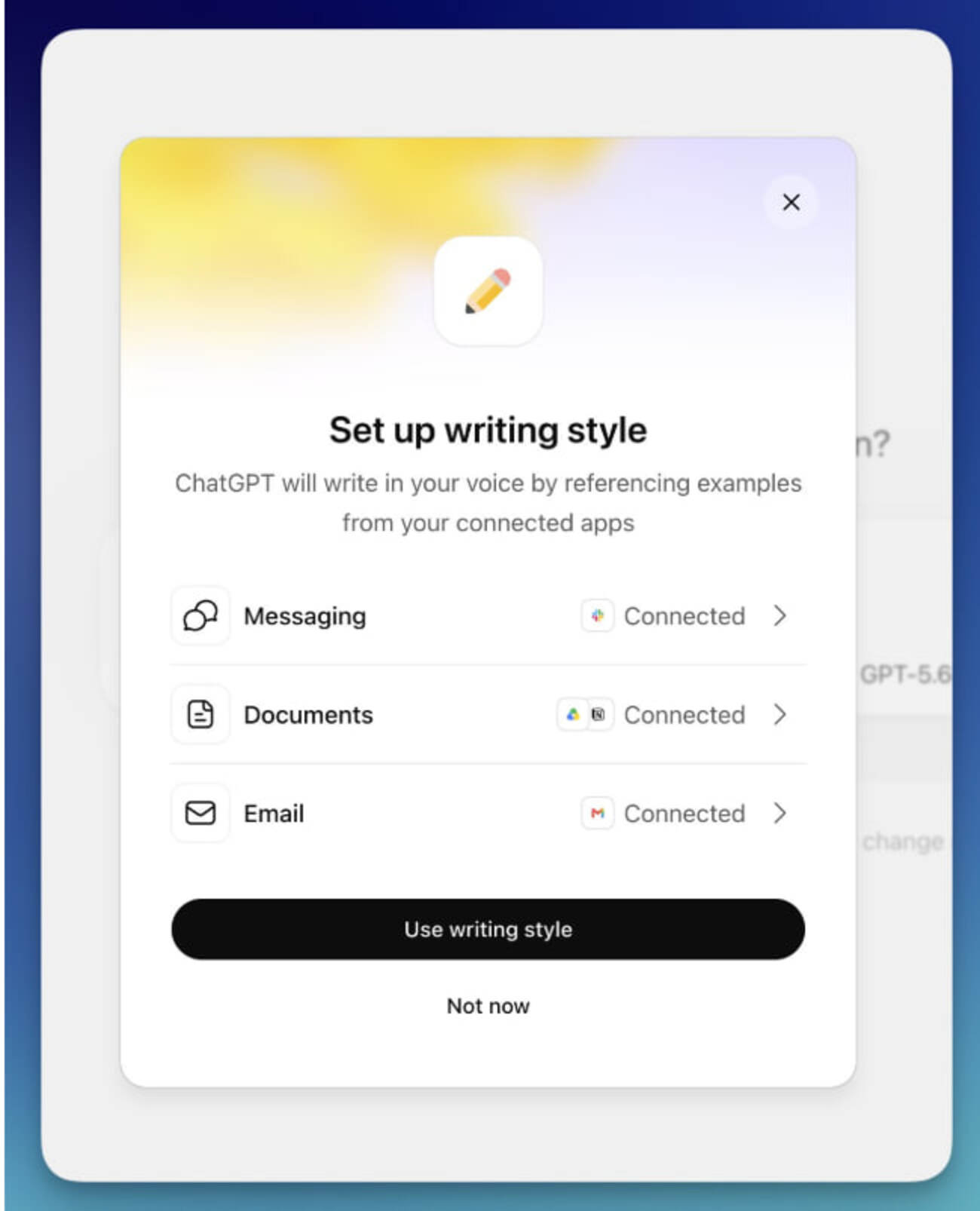 Вікно налаштування функції GPT Writing Style