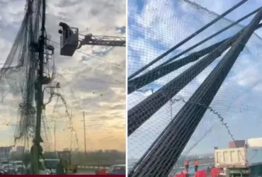 Комунальники встановлюють антидронові сітки на Північному мосту в Києві (відео)