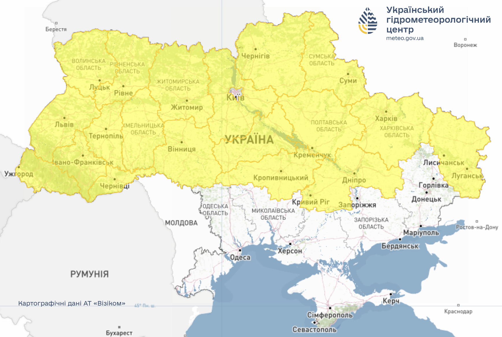 Жовтим позначено регіони, де 2 жовтня очікуються заморозки 
