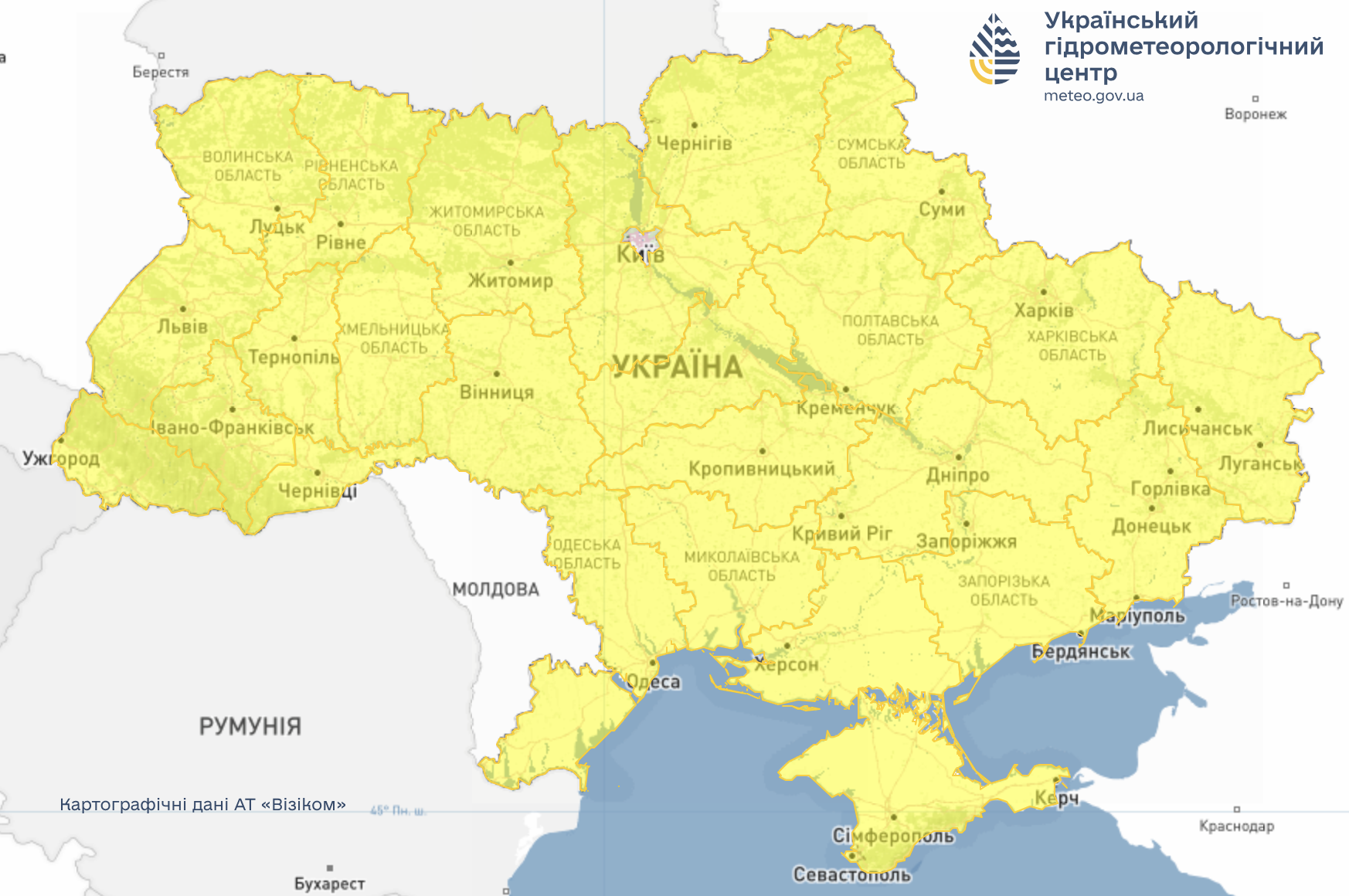 Жовтим позначено регіони, де 3 жовтня очікуються заморозки 