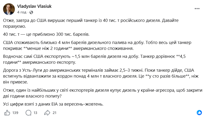 Дві години споживання. Власюк оцінив значення російського дизеля для США фото 1