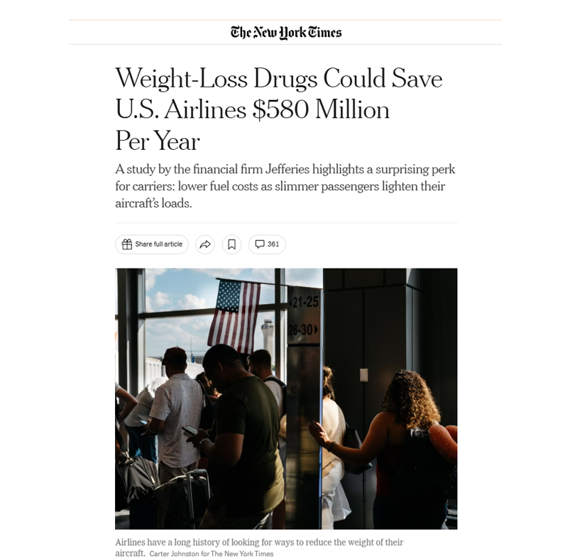 The New York Times: «Препарати для схуднення можуть зрештою призвести до змін в отриманні авіакомпаніями додаткових доходів»